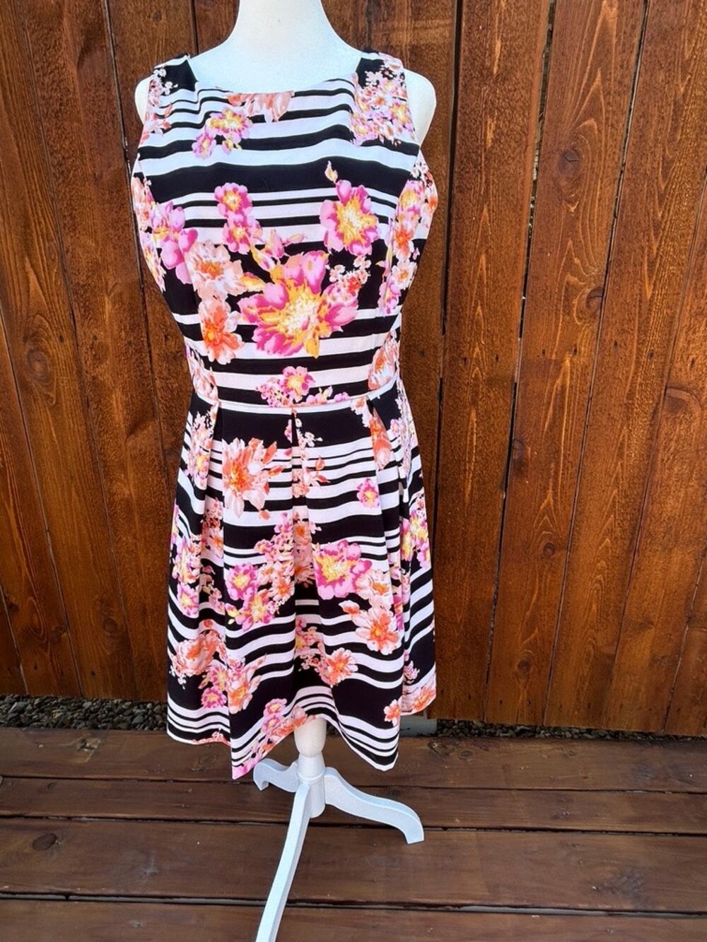 Ronni Nicole Striped Floral Pink & Black, Fit & Flare Dress - Women's Size 8